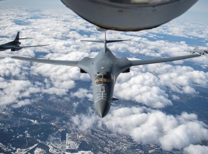 U.S. Air Force B-1B Lancer bomber aircraft from Ellsworth Air Force Base, South Dakota, fly in formation with Swedish Armed Forces Gripen fighter aircraft during a mission over Sweden, May 20, 2020. Picture taken May 20, 2020. U.S. Air Force/Tech. Sgt. Em