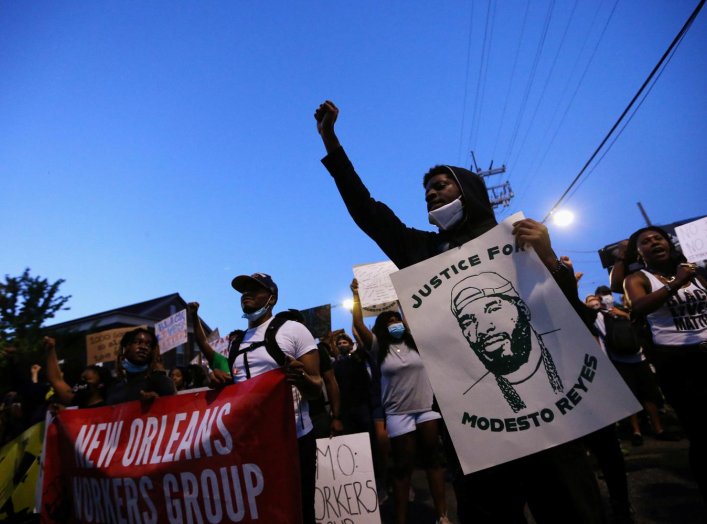 Protesters rally against the death in Minneapolis police custody of George Floyd, in New Orleans, Louisiana, U.S. June 4, 2020. REUTERS/Jonathan Bachman