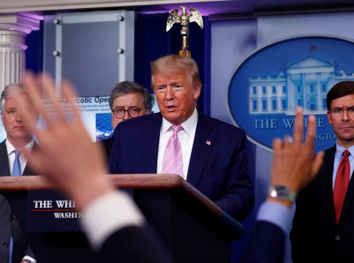 U.S. President Donald Trump answers questions after announcing U.S. naval moves against Venezuela and narcotic traficking....during the daily coronavirus response briefing at the White House in Washington, U.S., April 1, 2020. REUTERS/Tom Brenner