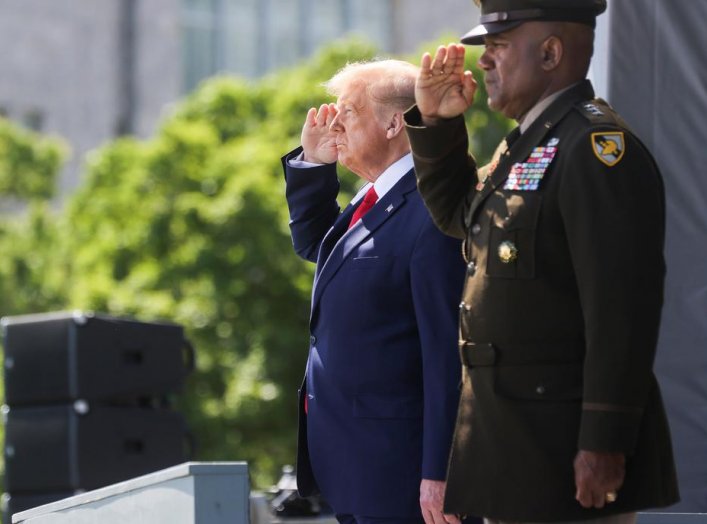 U.S. President Donald Trump salutes alongside U.S. Army Lieutenant General Darryl Williams, the Superintendent of the U.S. Military Academy at West Point, as he prepares to deliver the commencement address at the 2020 United States Military Academy Gradua