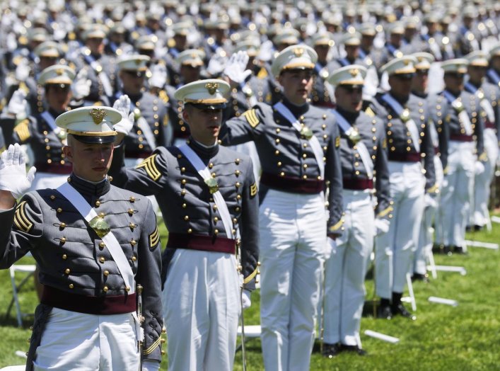 West Point graduating cadets take their oath as U.S. Army officers as they stand spaced apart for social distancing because of the coronavirus disease (COVID-19) pandemic during their 2020 United States Military Academy graduation ceremony attended by U.S