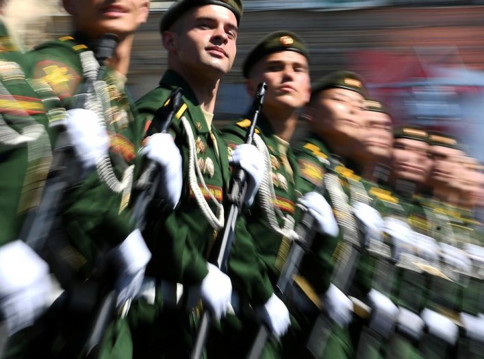 Russian servicemen march during the Victory Day Parade in Red Square in Moscow, Russia, June 24, 2020. The military parade, marking the 75th anniversary of the victory over Nazi Germany in World War Two, was scheduled for May 9 but postponed due to the ou