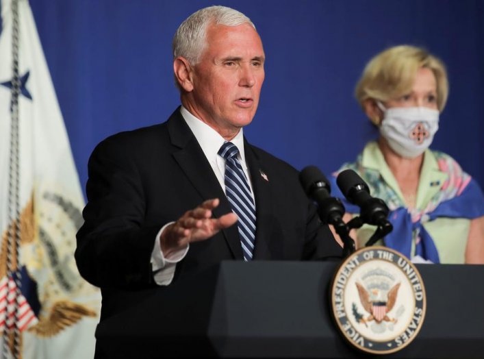 U.S. Vice President Mike Pence leads a White House coronavirus disease (COVID-19) task force briefing with Dr. Deborah Birx, the White House coronavirus response coordinator, at the U.S. Education Department in Washington, U.S., July 8, 2020. REUTERS/Carl