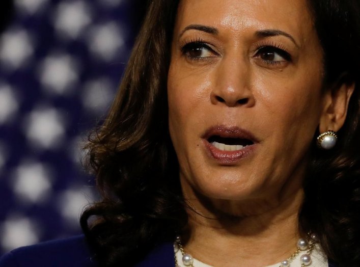 Democratic vice presidential candidate Senator Kamala Harris speaks at a campaign event, on her first joint appearance with presidential candidate and former Vice President Joe Biden after being named by Biden as his running mate, at Alexis Dupont High Sc