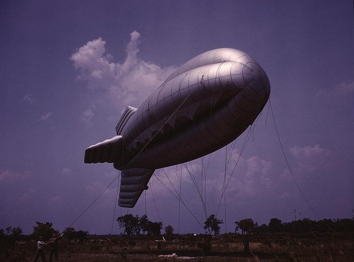 Barrage balloon, Parris Island, South Carolina. May 1942. U.S. Office of War Information/Alfred T. Palmer via Library of Congress.