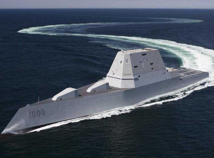 ATLANTIC OCEAN (April 21, 2016) The future guided-missile destroyer USS Zumwalt (DDG 1000) transits the Atlantic Ocean during acceptance trials April 21, 2016 with the Navy's Board of Inspection and Survey (INSURV). U.S. Navy.