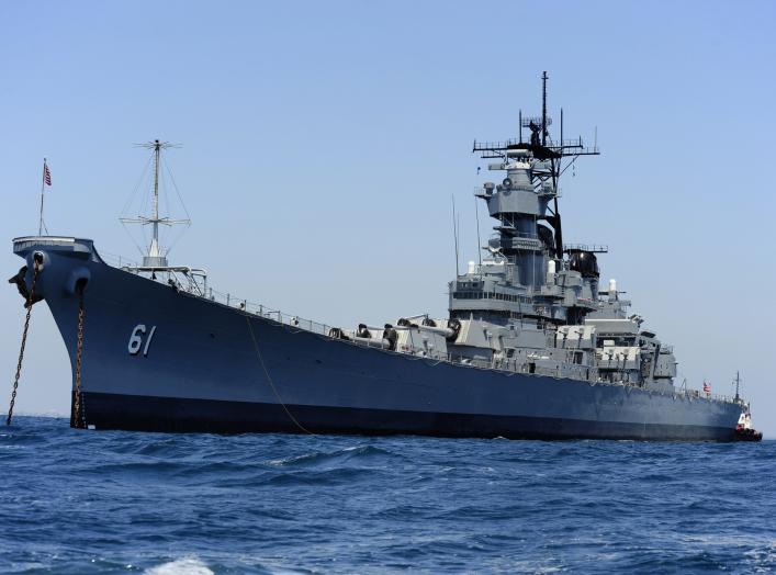 The former USS Iowa (BB 61) sits at anchor off Naval Weapons Station Seal Beach, Calif. The battleship is being prepared for berthing in San Pedro, Calif. as a floating museum.