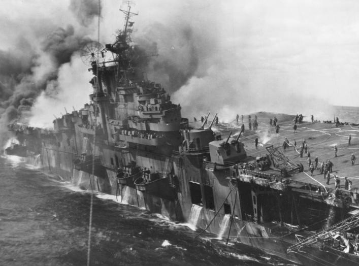 https://en.wikipedia.org/wiki/USS_Franklin_(CV-13)#/media/File:USS_Franklin_(CV-13)_afire_and_listing_after_a_Japanese_air_attack_on_19_March_1945_(80-G-273882).jpg