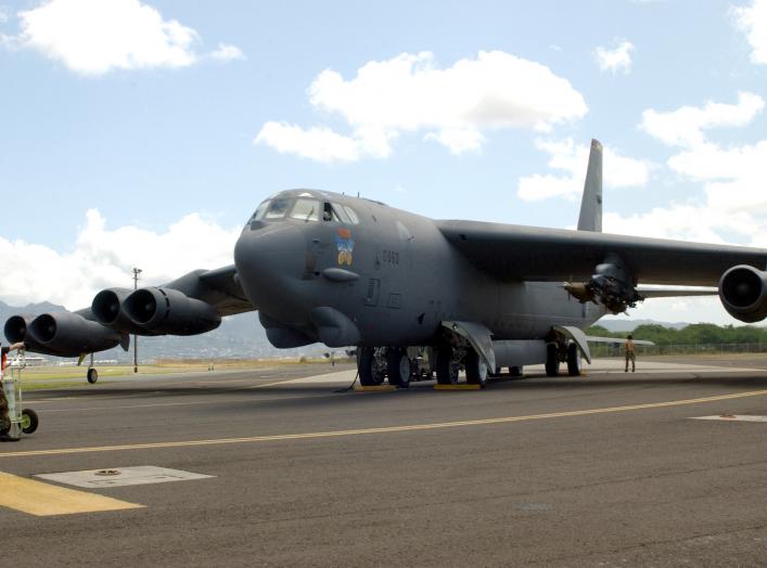 HICKAM AIR FORCE BASE, Hawaii -- A B-52 Stratofortress is prepared for take off on the runway April 6. Four B-52s arrived here from Andersen Air Force Base, Guam, to escape Typhoon Sudal which missed the island April 7.