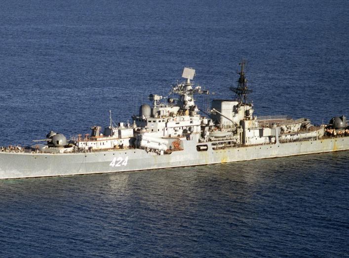A port view of the Soviet Project 956 "Sarych" (Sovremenny class) destroyer Okrylenny at anchor.