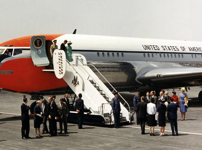 Arrival in Mexico City. President and Mrs. Kennedy debark Air Force One. Mexico City, Mexico, International Airport.