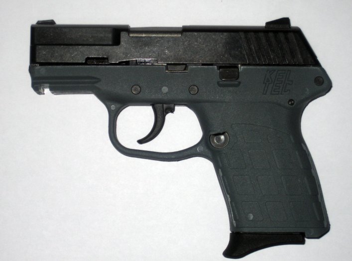 Side view of a Kel-Tec PF-9 9mm, semi-automatic, single stack magazine pistol. 18 Dec 2008. Wikimedia/Jchance.