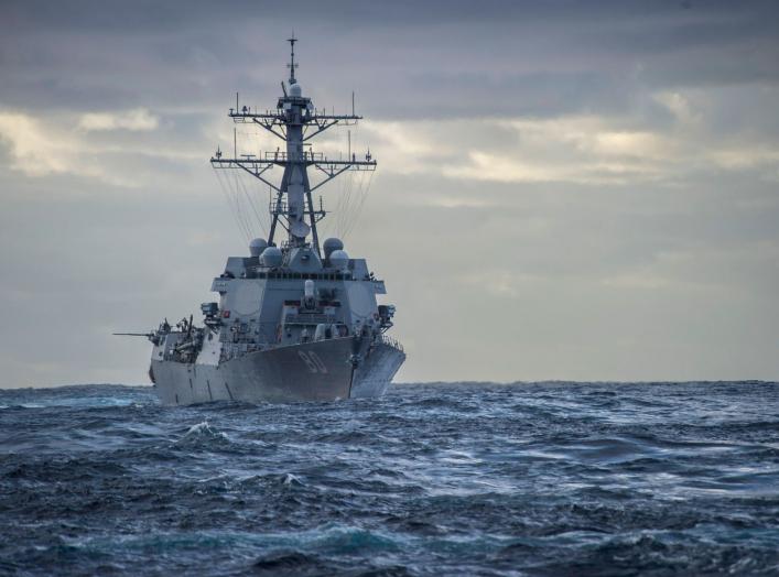 The US Navy Arleigh Burke-class guided-missile destroyer USS Roosevelt steams in the Atlantic while en route to the Mediterranean Sea February 18, 2014. U.S. Navy SEALs operating from the USS Roosevelt have seized a tanker that fled with a cargo of oil fr