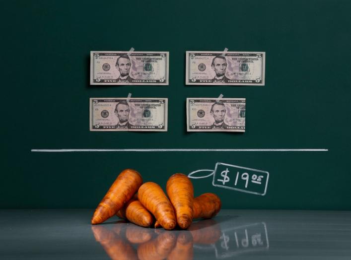 A kilogram (2.2 lbs) of raw carrots as photographed in a studio with an illustrative price tag of $19.05 (US dollars), equivalent to the Bs. 120 (bolivars) that it costs on average to purchase in Caracas at the official exchange rate of 6.3 bolivars per d