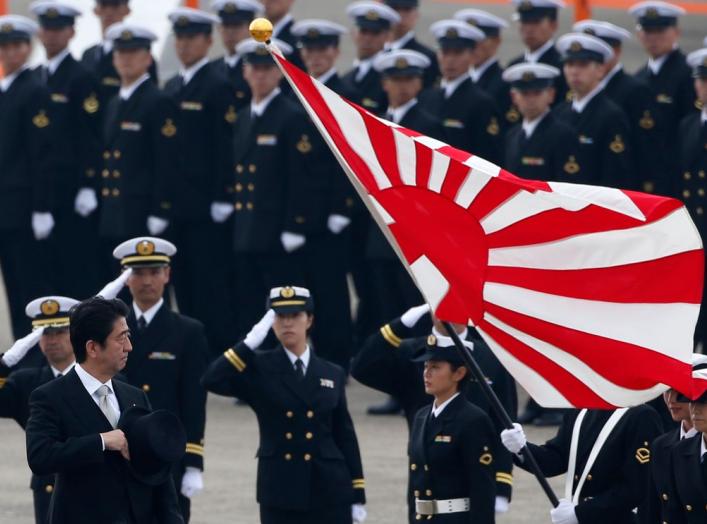 Japan's Prime Minister Shinzo Abe (L) reviews members of Japan Self-Defense Force (JSDF) during the JSDF Air Review, to celebrate 60 years since the service's founding at Hyakuri air base in Omitama, northeast of Tokyo October 26, 2014. About 740 personne