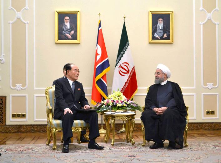 Kim Yong Nam, president of the DPRK Presidium of the Supreme People's Assembly reacts during a meeting with Hassan Rouhani, president of the Islamic Republic of Iran during their meeting in Teheran in this undated photo released on August 7, 2017 by North