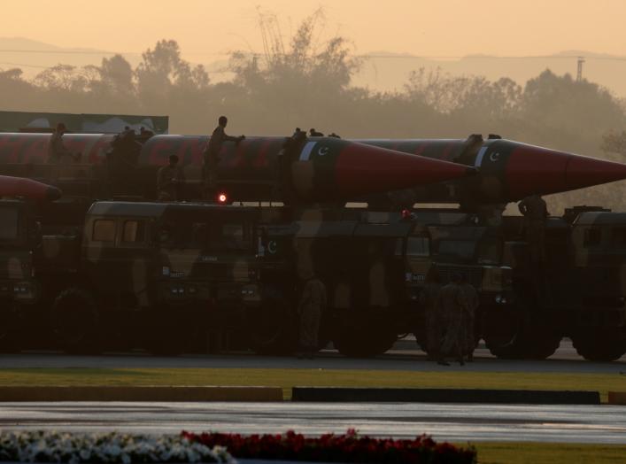 Shaheen missiles get cleaned before the start of the Pakistan Day military parade in Islamabad