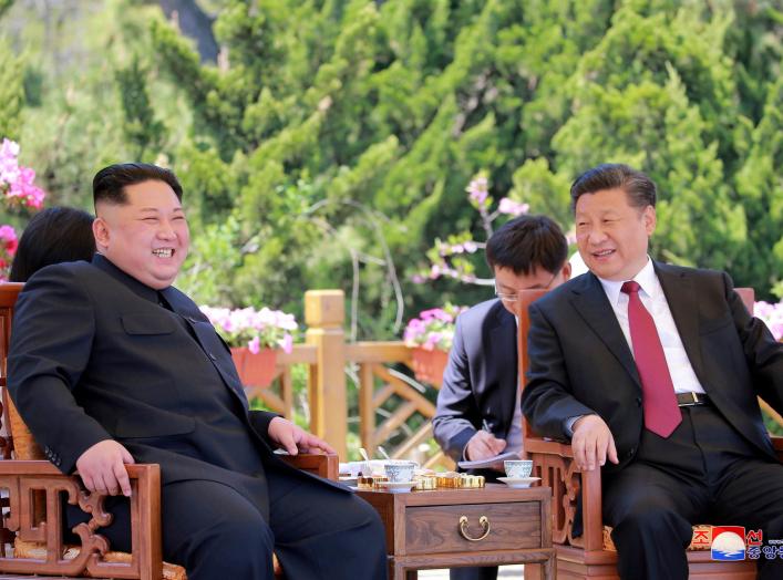 North Korean leader Kim Jong Un meets with China's President Xi Jinping, in Dalian, China in this undated photo released on May 9, 2018 by North Korea's Korean Central News Agency (KCNA). KCNA/via REUTERS ATTENTION EDITORS - THIS PICTURE WAS PROVIDED BY A