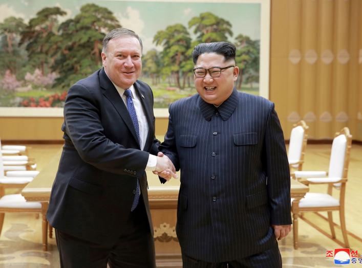 North Korean leader Kim Jong Un shakes hands with U.S. Secretary of State Mike Pompeo in this May 9, 2018 photo released on May 10, 2018 by North Korea's Korean Central News Agency (KCNA) in Pyongyang. KCNA/via REUTERS ATTENTION EDITORS - THIS PICTURE WAS