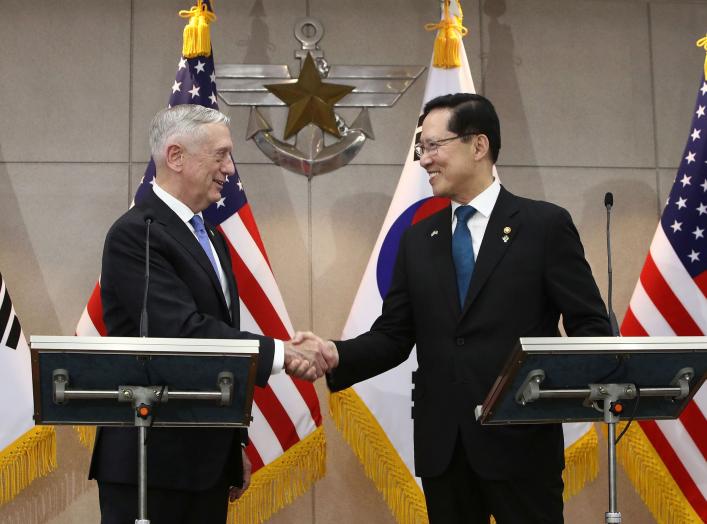 U.S. Secretary of Defense James Mattis (L) shakes hands with South Korean Defense Minister Song Young-moo (R) before their meeting on June 28, 2018 in Seoul, South Korea. Chung Sung-Jun/Pool via REUTERS *** Local Caption *** James Mattis;Song Young-moo