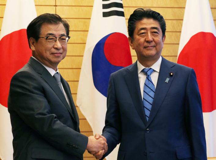 Japan's Prime Minister Shinzo Abe shakes hands with South Korea's National Intelligence Service chief Suh Hoon before their meeting at Abe's official residence in Tokyo, Japan September 10, 2018. Koji Sasahara/Pool via Reuters