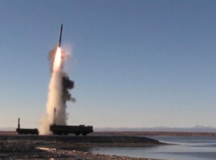 A still image taken from a video footage and released by Russia's Defence Ministry on September 26, 2018, shows the launch by Bastion coastal defence system of a supersonic anti-ship Oniks missile during tactical drills by North Navy Fleet at Kotelny Isla