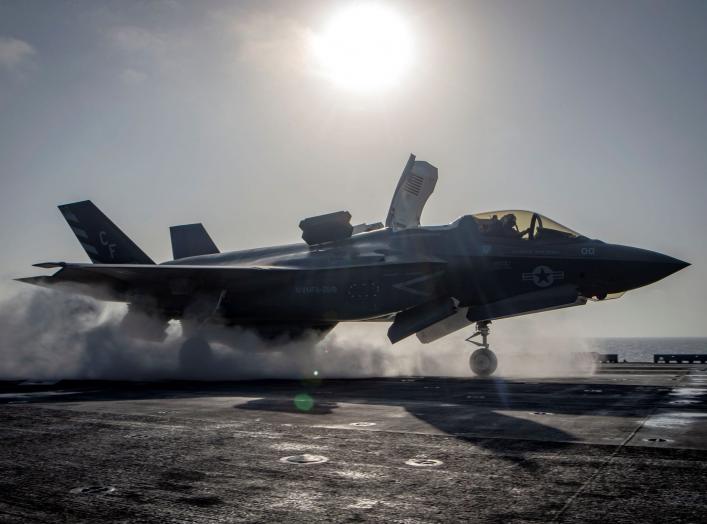 A F-35B Lightning II aircraft from the Marine Fighter Attack Squadron 211 launches from the deck aboard the amphibious assault ship USS Essex as part of the F-35B's first combat strike, against a Taliban target in Afghanistan, September 27, 2018. Mass Com