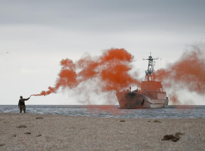 Ukrainian army landing craft Yurii Olefirenko is seen in a Black Sea during military drills in Kherson Region, Ukraine September 29, 2018. REUTERS/Valentyn Ogirenko