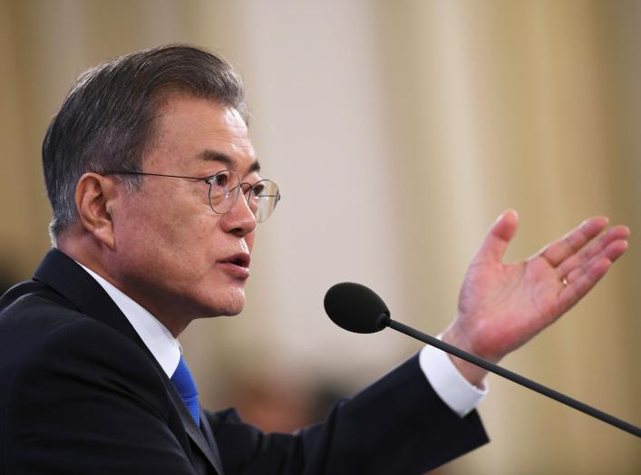 South Korean President Moon Jae-in holds his New Year press conference at the presidential Blue House in Seoul on January 10, 2019. Jung Yeon-je/Pool via REUTERS