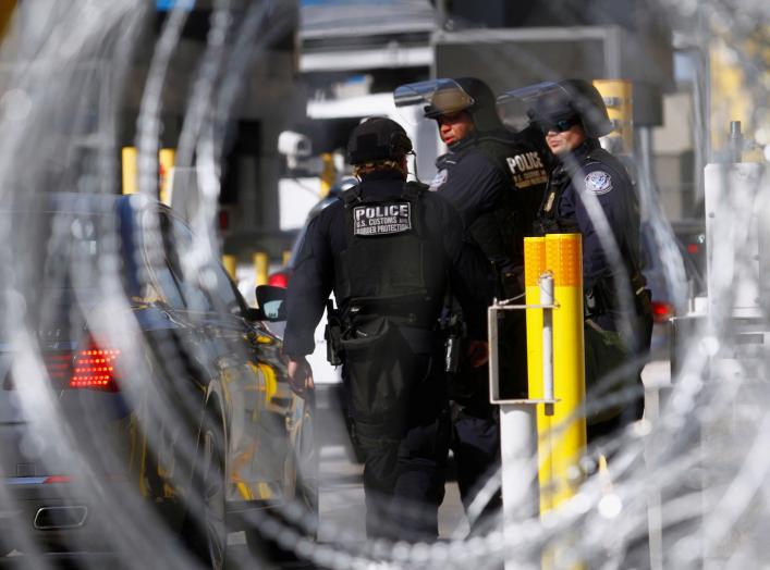 U.S. Customs and Border Protection agents participate in a test deployment during a large-scale operational readiness exercise at the San Ysidro port of entry with Mexico in San Diego, California, U.S, as seen from Tijuana, Mexico January 10, 2019.