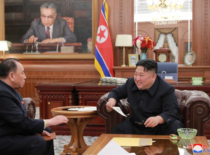 North Korean leader Kim Jong Un meets with the delegation that had visited the United States, in Pyongyang, North Korea in this photo released by North Korea's Korean Central News Agency (KCNA) on January 23, 2019. KCNA via REUTERS ATTENTION EDITORS - THI