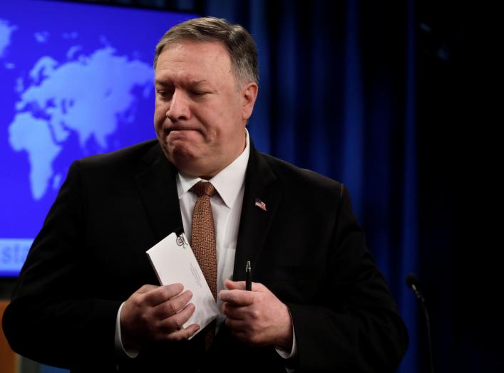 U.S. Secretary of State Mike Pompeo leaves after a briefing on Iran at the State Department in Washington, U.S., April 8, 2019. REUTERS/Yuri Gripas