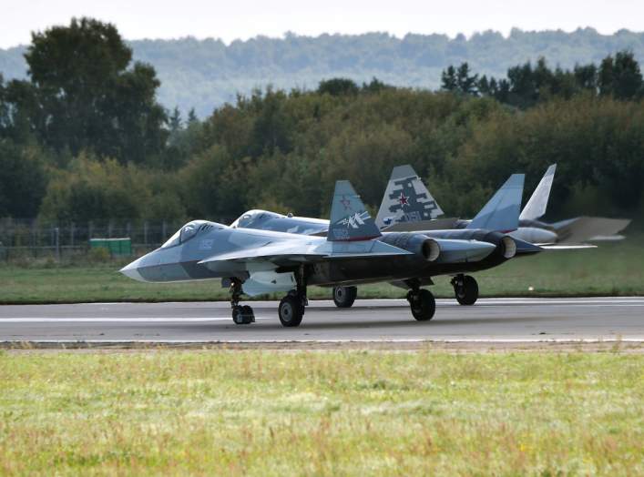 Sukhoi Su-57 fighter jets perform at the MAKS 2019 air show in Zhukovsky, outside Moscow, Russia, August 27, 2019. Sputnik/Aleksey Nikolskyi/Kremlin