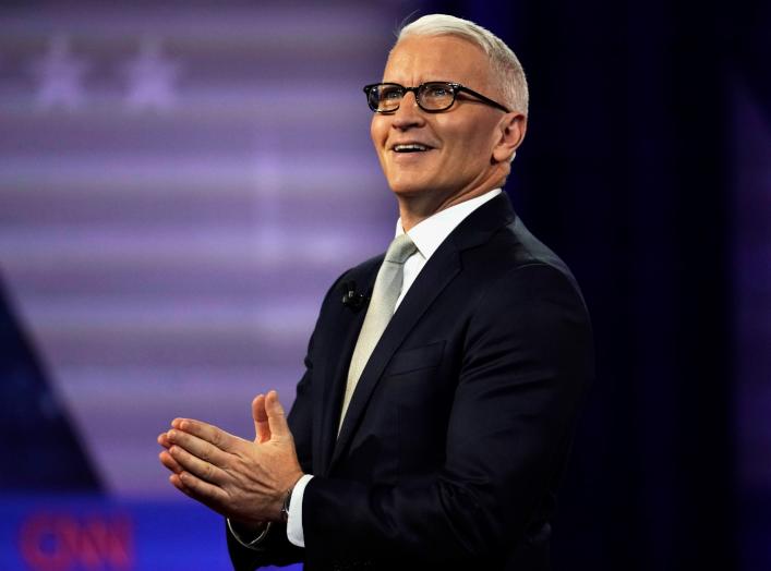 CNN's Anderson Cooper moderates a televised townhall with Democratic 2020 U.S. presidential candidate and former Vice President Joe Biden, in Los Angeles, California, U.S. October 10, 2019. REUTERS/Mike Blake