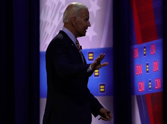 Democratic 2020 U.S. presidential candidate and former Vice President Joe Biden walks during a televised townhall on CNN dedicated to LGBTQ issues in Los Angeles, California, U.S. October 10, 2019. REUTERS/Mike Blake