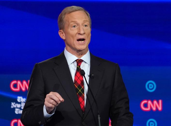 Democratic presidential candidate and billionaire activist Tom Steyer speaks during the fourth U.S. Democratic presidential candidates 2020 election debate in Westerville, Ohio, U.S., October 15, 2019. REUTERS/Shannon Stapleton