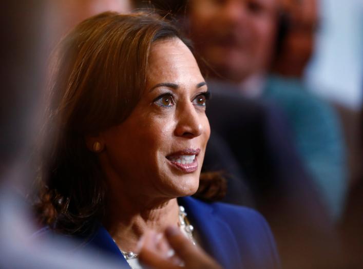 Democratic presidential candidate Senator Kamala Harris arrives in the Spin Room to talk to reporters after the conclusion of the fourth Democratic U.S. 2020 presidential election debate at Otterbein University in Westerville, Ohio October 15, 2019.