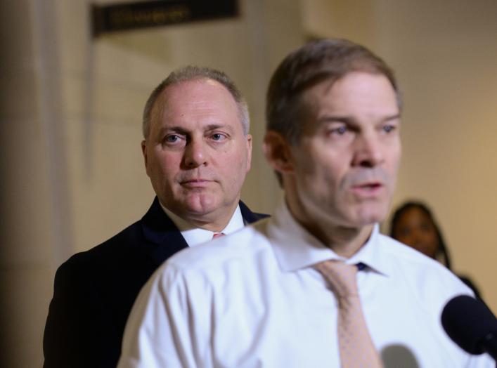 Rep. Steve Scalise (R-LA) and Rep. Jim Jordan (R-OH) speak to reporters during a break in testimony from Lt. Col. Alexander Vindman, director for European Affairs at the National Security Council, as part of the U.S. House of Representatives impeachment