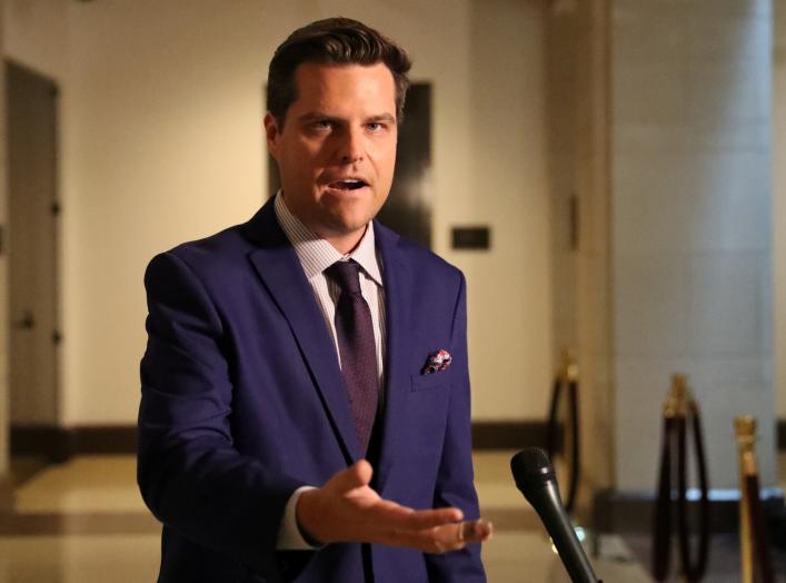 U.S. Rep. Matt Gaetz (R-FL) speaks to reporters outside the House Intelligence Committee SCIF as U.S. foreign service officer Catherine Croft, who once served as a deputy to then-Special Envoy for Ukraine Kurt Volker, testifies