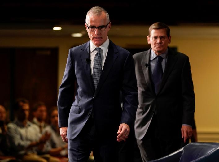 Former acting FBI director Andrew McCabe arrives to speak during a forum on election security titled, “2020 Vision: Intelligence and the U.S. Presidential Election” at the National Press Club in Washington, U.S., October 30, 2019. REUTERS/Joshua Roberts