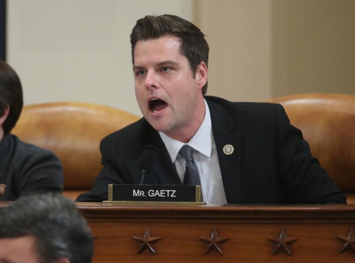 House Judiciary Committee Republican member Rep. Matt Gaetz (R-FL) talks out of turn and interrupts the hearing before being stopped by Chairman Jerrold Nadler during a House Judiciary Committee hearing to receive counsel presentations