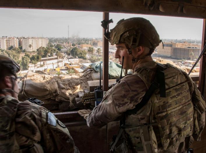 U.S. Army soldiers keep watch on the U.S. embassy compound in Baghdad, Iraq January 1, 2020. DoD/Lt. Col. Adrian Weale/Handout
