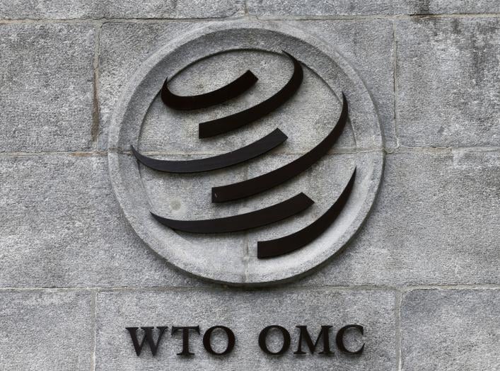 A World Trade Organization (WTO) logo is pictured on their headquarters in Geneva, Switzerland, June 3, 2016. REUTERS/Denis Balibouse