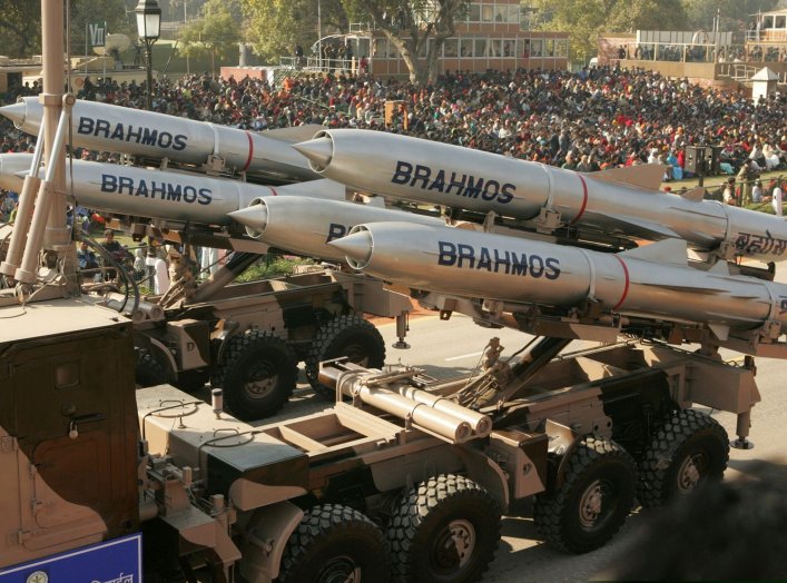 India's Brahmos supersonic cruise missiles, mounted on a truck, pass by during a full dress rehearsal for the Republic Day parade in New Delhi, India, January 23, 2006. REUTERS/Kamal Kishore/File Photo TPX IMAGES OF THE DAY
