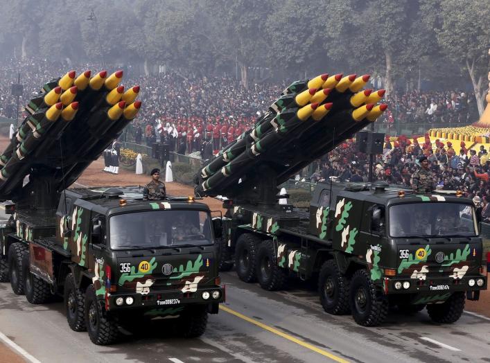 Indian army officers stand on vehicles displaying missiles during the Republic Day parade in New Delhi, India, January 26, 2016. REUTERS/Altaf Hussain