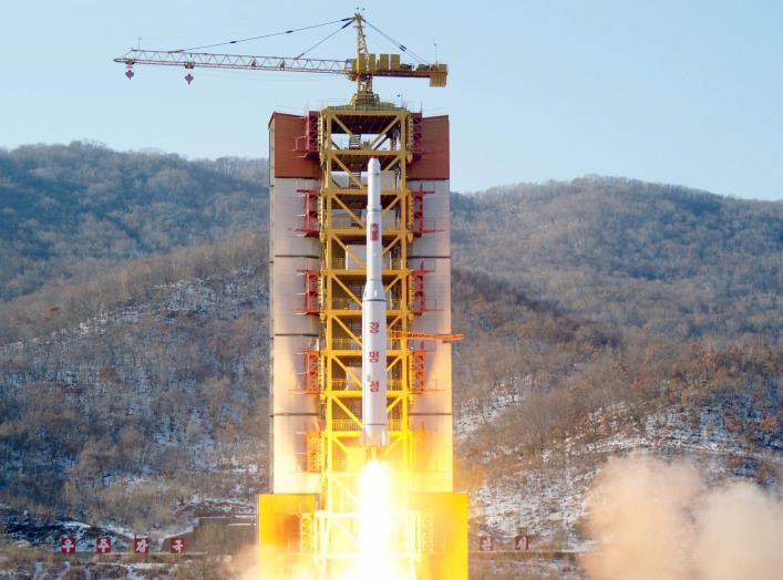 A North Korean long-range rocket is launched into the air at the Sohae rocket launch site, North Korea, in this photo released by Kyodo February 7, 2016.