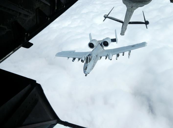 A US Air Force A-10 Thunderbolt-2 makes its way to a fueling boom suspended from a US Air Force KC-10 Extender during mid-air refueling support to Operation Inherent Resolve over Iraq and Syria air space, March 15, 2017. REUTERS/Hamad I Mohammed