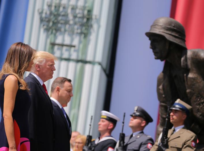 First Lady of the U.S. Melania Trump, U.S. President Donald Trump and Polish President Andrzej Duda stand in front of the Warsaw Uprising Monument at Krasinski Square, in Warsaw, Poland July 6, 2017. REUTERS/Carlos Barria