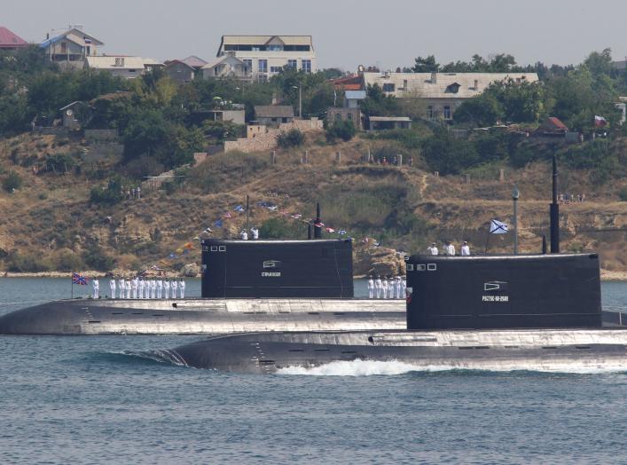 Russian submarines Rostov-on-Don and Stary Oskol sail during a rehearsal for the Navy Day parade in the Black Sea port of Sevastopol, Crimea, July 27, 2017. REUTERS/Pavel Rebrov