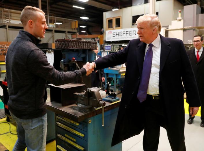 U.S. President Donald Trump meets workers as he takes a factory tour of the Sheffer Corporation in Blue Ash, Ohio, U.S. February 5, 2018. REUTERS/Jonathan Ernst